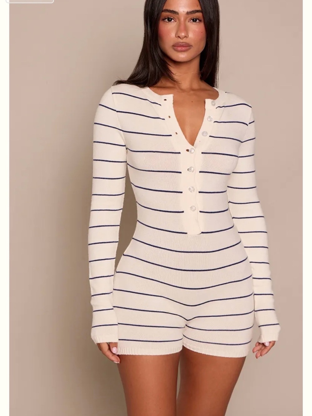 PrettyLittleThing Cream Striped Knit Romper with Navy Lines